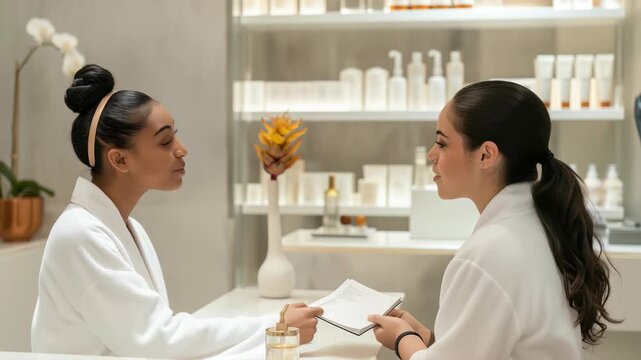 Spa Client Interaction: A spa worker and client smiling, the employee holds spa documents while in a brightly lit spa area, product displays visible in the background.
