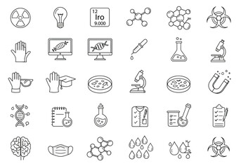 Collection of Science and Research Icons Representing Discovery Innovation and Medical Breakthroughs