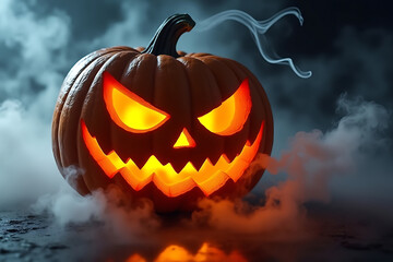 Naklejka premium Illuminated Jack O Lantern with Smoke Effect for Autumnal Decor and Festive Atmosphere on Dark Background