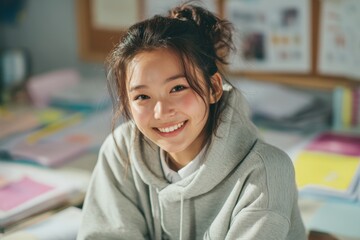 Bright Asian Woman Smiling in Gray Hoodie at Desk with School Books and Educational Posters Displayed