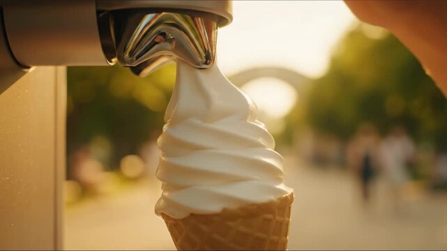 A machine dispenses a perfect swirl of creamy white soft serve vanilla ice cream into a cone on a hot sunny day in a park or at a fair