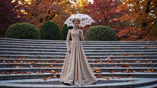 Elegant woman in vintage gown poses with lace umbrella amidst autumn foliage in a serene garden setting