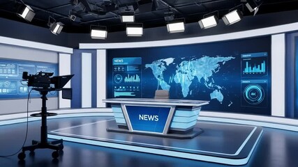 High-Tech News Studio Ready for Broadcast with Global Map and Data Visualizations