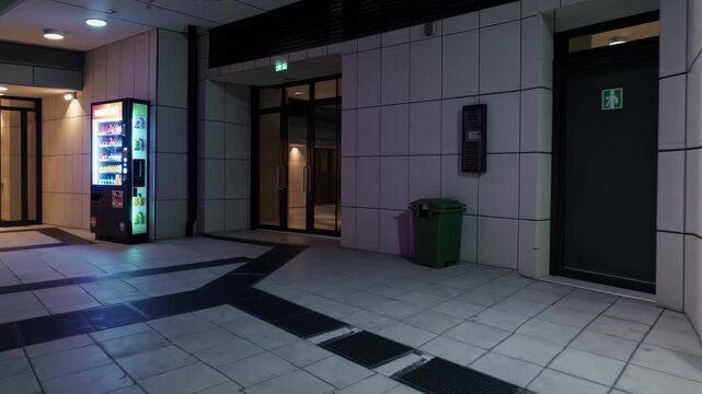 Illuminated plaza shows vending machine at night with reflections and shadows highlighting modern architecture
