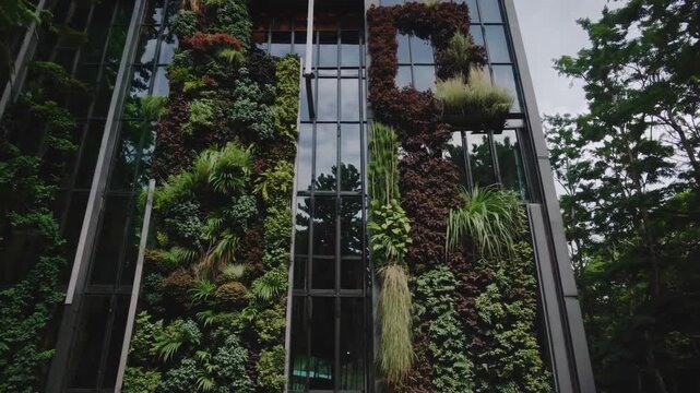 Exploring a green building with a living wall in a lush urban environment on a cloudy day