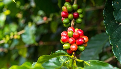 Coffee berries cluster on a branch.
