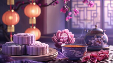 Delicious purple mooncakes beautifully arranged