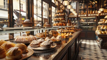 Scene of the interior of a bakery, with a focus on the pastry