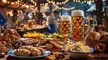 Oktoberfest feast table includes traditional German dishes such as sausages, pretzels, sauerkraut, potato salad, and beer