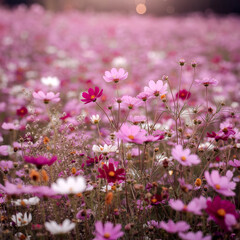 Obraz premium Dreamy Cosmos Flower Field in Full Bloom Spring Meadow Landscape Scenic Floral Photography Soft Focus Background Calm and Relaxing Ambiance
