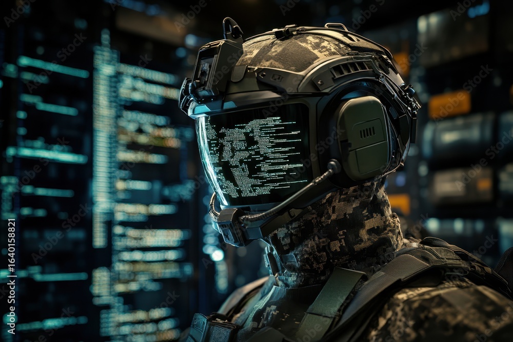 Aufkleber futuristic soldier with advanced tech stands before screens in a command center
