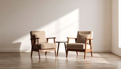 Two light beige armchairs in a sunlit room.
