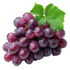 Fresh bunch of red grapes with green leaves isolated on transparent background