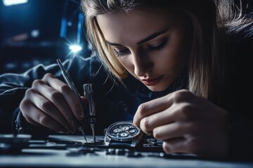 Crafting precision: a watchmaker meticulously repairs a timepiece in a dimly lit workshop