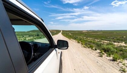 Fototapeta premium A white SUV drives down a dirt road