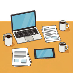 Flat 2D office workspace with coffee cup, laptop, and documents, white background.