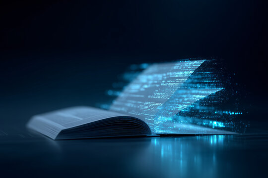 An open book with digital code pouring out from its pages, representing the intersection of knowledge and technology. The scene is bathed in a futuristic, glowing blue light.