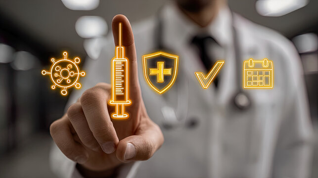 Doctor points to orange neon icons: virus, syringe, shield, check and calendar, vaccination campaign Generated with AI