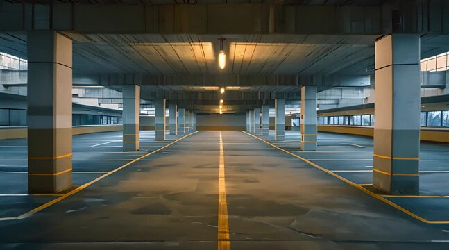 Empty Parking Garage with Concrete Pillars and Blue Lines