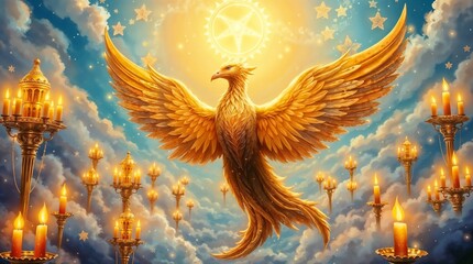 glowing mythical phoenix soaring among clouds with starry magical background