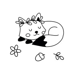 Sleeping cute fox with a wreath on head isolated on white background 1