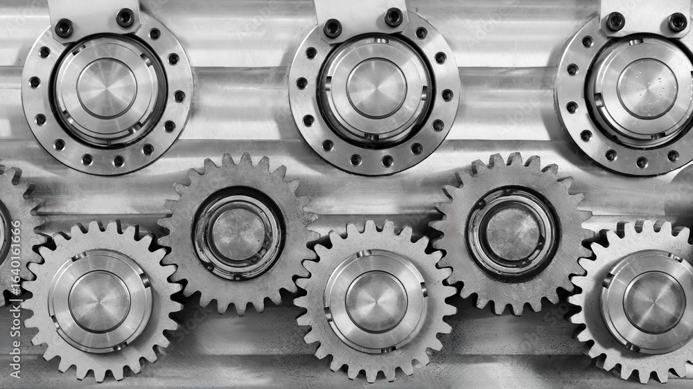 Poster a series of gears with a black and white filter as part of a larger mechanism. the gears are of diff