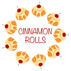 Autumn themed cinnamon rolls with cherries frame with text in flat style. Hand drawn vector illustration for banners, posters and social media graphics