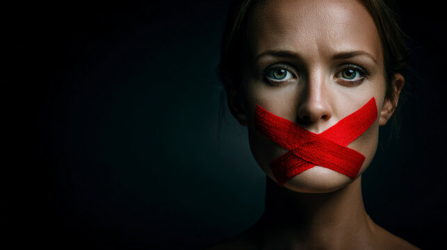 A woman with a red tape covering her mouth - Powered by Adobe