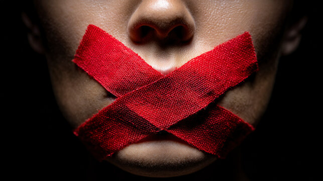 A woman's face is covered in red tape