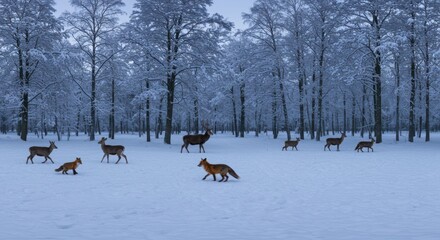 Winter Forest: Deer and Foxes Traverse Snow-Kissed Woodland: A serene winter scene unveils the delicate dance of survival as deer and foxes navigate a snow-covered forest. The landscape glistens.