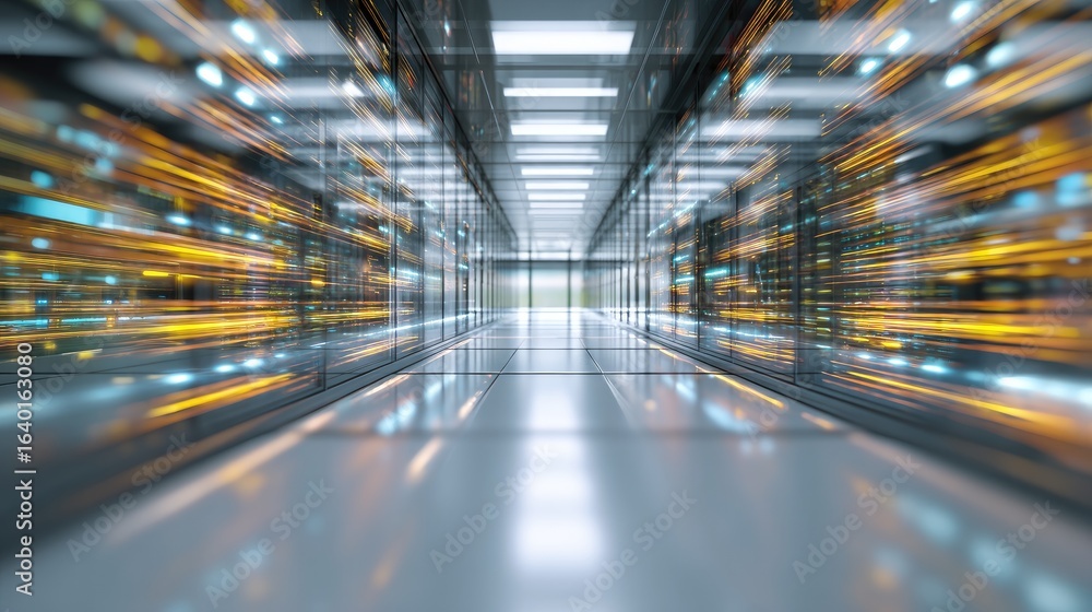 Aufkleber sleek futuristic data center corridor with glowing blue and gold light trails illustrating high spee