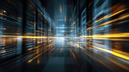 Dynamic futuristic data center hallway with glowing blue and gold light trails showcasing ultra fast data transfer, perfect for cloud computing, AI, and advanced networking concepts