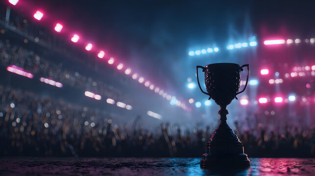 Celebratory esports trophy on a podium surrounded by vibrant neon lights and excited crowd in the background, capturing the thrill of victory and competitive spirit