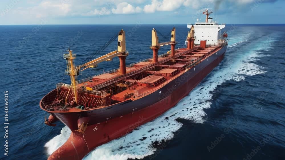 Poster a large red ship sailing in the open ocean, providing an iconic backdrop for various creative projec