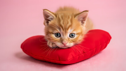 Adorable ginger kitten resting on a red heart pillow