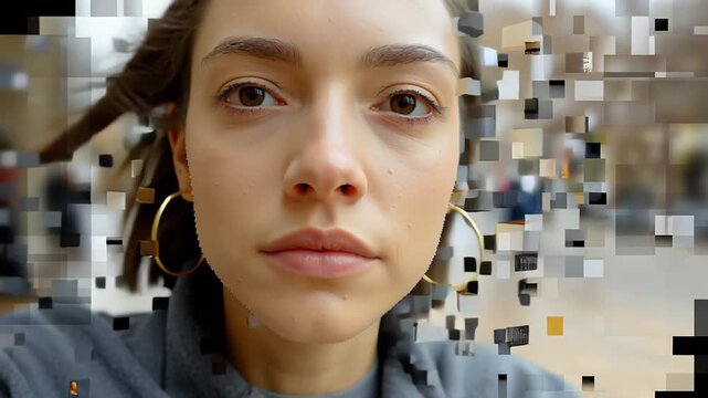 Digital artwork features a woman face transformed into a mosaic of images, illustrating the intersection of identity and technology in contemporary visual expression