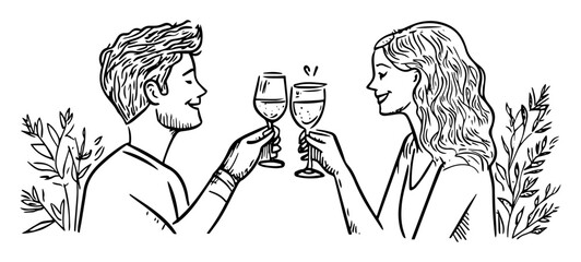 hand drawn couple toasting with wine glasses – outline vector illustration