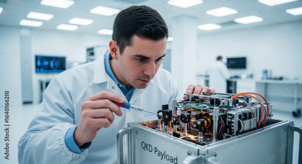 Aufkleber astronautical engineer performing finetuning on a quantum keydistribution payload inside a sterile e