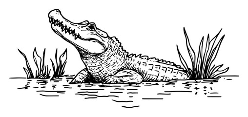 hand drawn crocodile resting in swamp – outline vector illustration