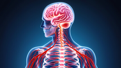 Detailed medical illustration of human brain spinal cord and nervous system
