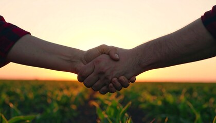 Hands shaking in a field at sunset.