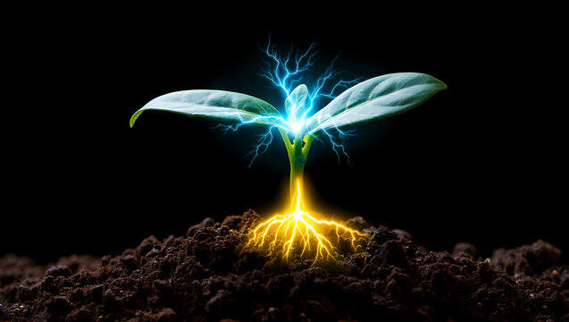 Glowing plant sprout with energetic roots in dark soil