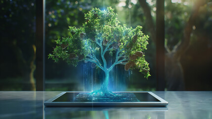 Realistic glowing holographic tree projection from tablet. Futuristic technology blending nature and digital innovation for eco-friendly sustainability and environmental design concepts.