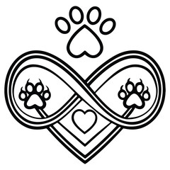 Heart infinity symbol with paw prints silhouette isolated on white background