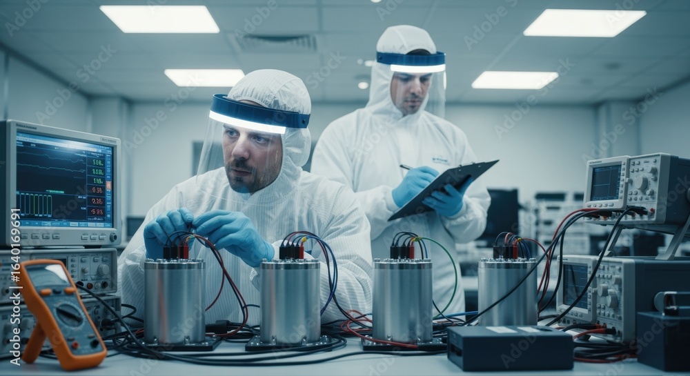 Poster technicians in protective gear conducting final testing of endurance and output on radioisotope ther