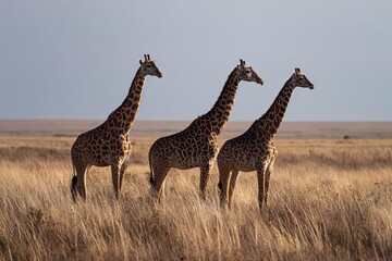 Obraz premium Three majestic giraffes stand quietly in a golden grassland enjoying the serene beauty of their natural habitat