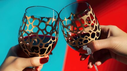 A pair of hands cradling wine glasses near a swimming pool, perfect for a relaxing evening or romantic getaway