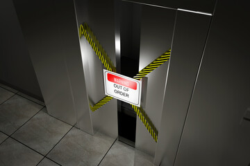 Out of order warning sign in front of a broken elevator door opened. © MOTION ARF