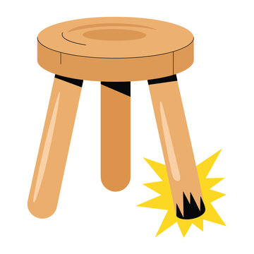 Broken wooden stool with a splintered leg
