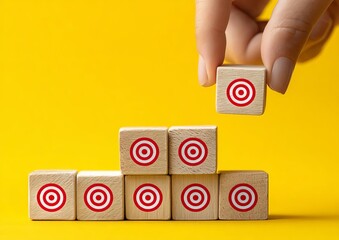A hand places a wooden block with a target symbol on a vibrant yellow background creating a focus on objectives and goals